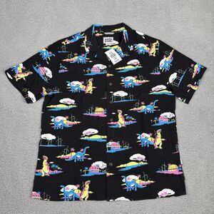 Party Pants Coachella Shirt Mens Medium Black Rayon Dinosaur Print Button Up NWT
